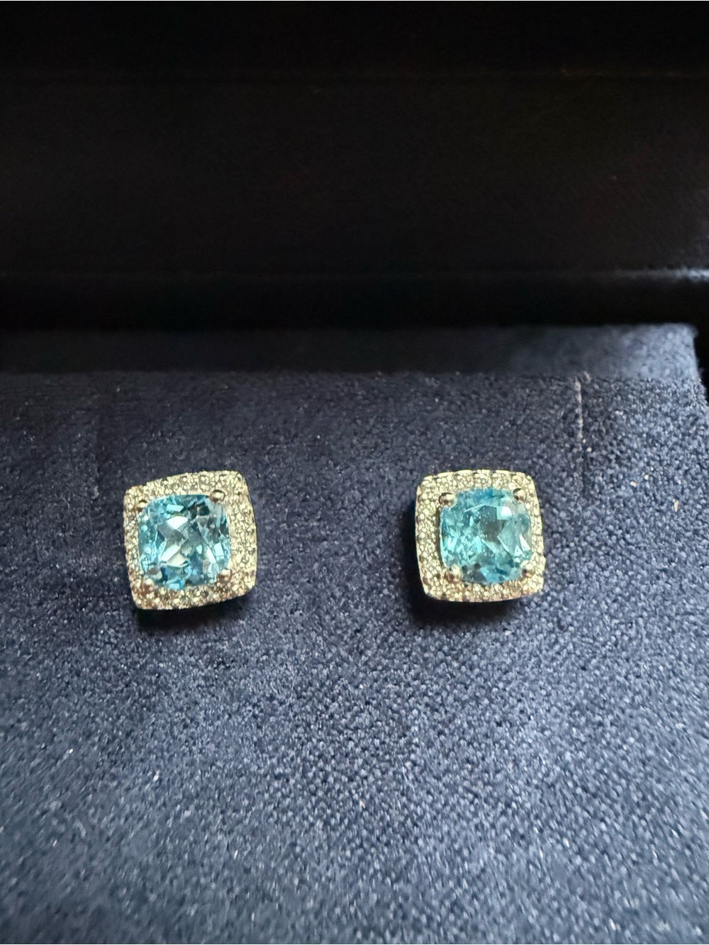 Authentic Natural Halo Diamond and Swiss Blue Topaz Stud Earrings - Costco